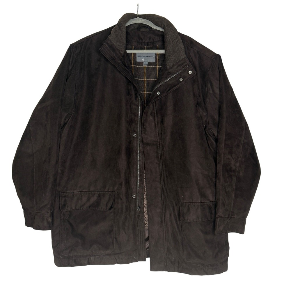 Johnston Murphy Mens Dark Brown Suede Full Zip Quilted And Plaid Lined Jacket XL